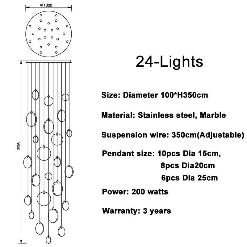 Snowflake Plaster Chandelier 24-lights diagram with stainless steel and marble, adjustable suspension wire, various pendant sizes, and 200 watts power.