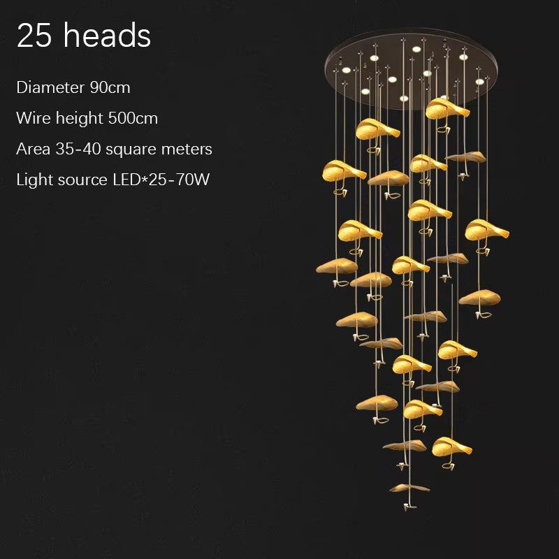Copper gold lotus stair chandelier with 25 LED lights and adjustable hanging wire