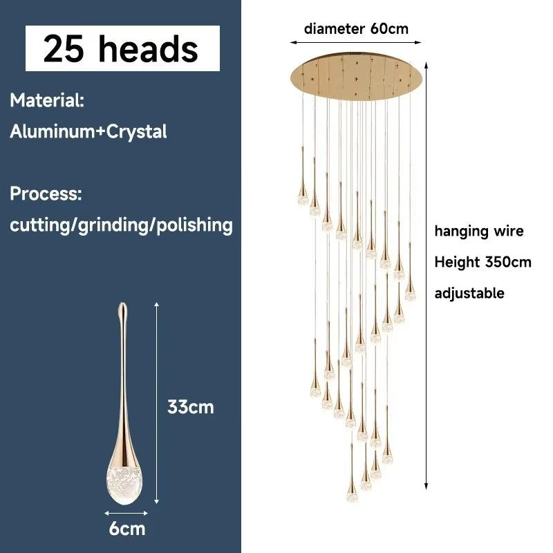 Long water drop chandelier with 25 crystal heads, gold aluminum, adjustable 350cm height, modern LED lighting