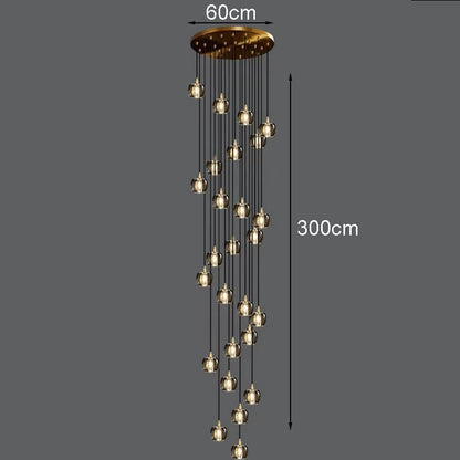Modern bubble crystal lamp with 26 adjustable heads hanging from iron frame, 60cm diameter, 300cm height.