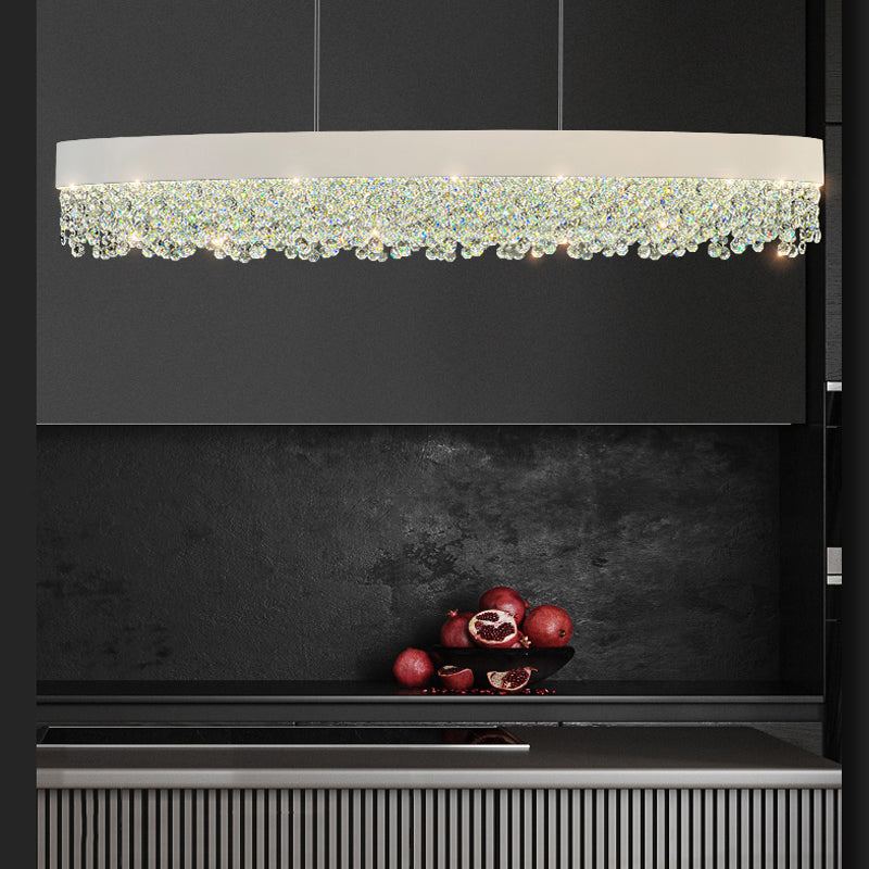 Modern Gypsophila chandelier with metal and crystal design, LED warm and cool light, hanging above kitchen counter