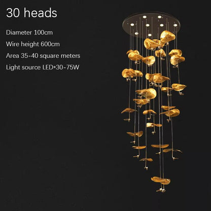 Copper gold lotus modern stair chandelier with 30 LED lights and adjustable hanging wire