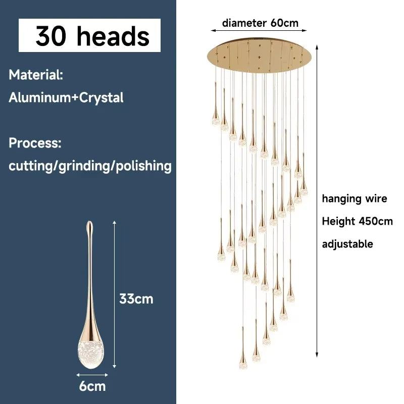 Modern gold long water drop chandelier with 30 crystal LED lights and adjustable hanging wire