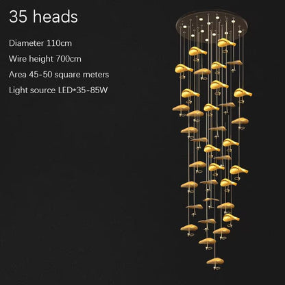 Copper gold lotus stair chandelier with 35 LED lights, 110cm diameter, adjustable 700cm wire length, modern copper and ironware design