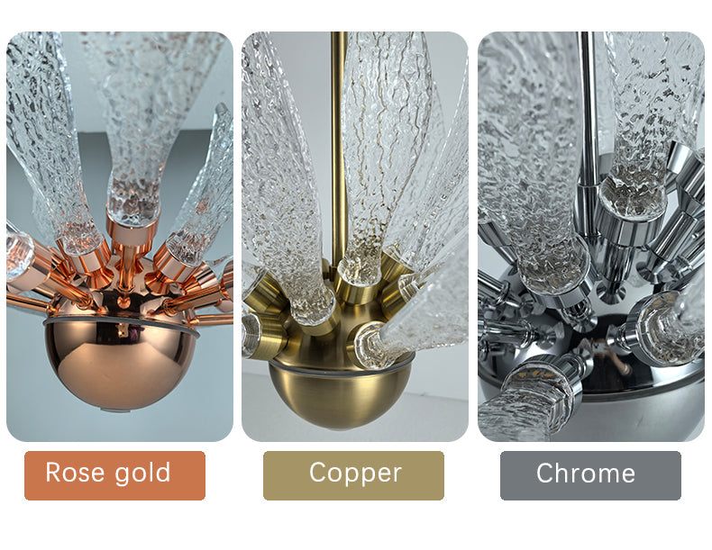 Modern Petal Chandelier in rose gold, copper, and chrome finishes with textured glass LED bulbs for living and dining rooms