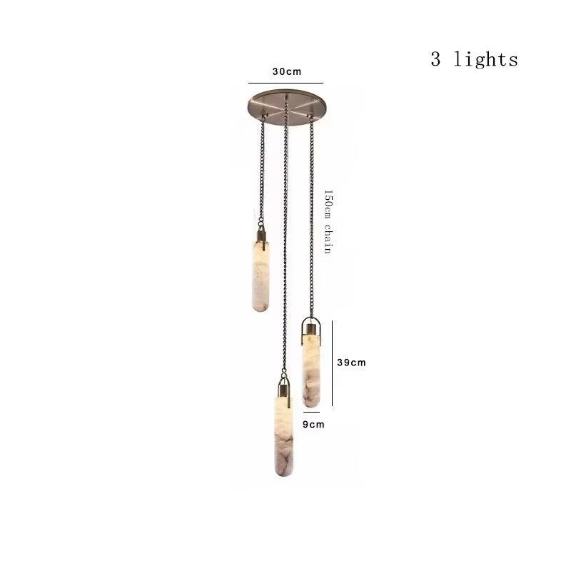 Modern Spanish marble chain chandelier with 3 LED pendant lights and wrought iron mount