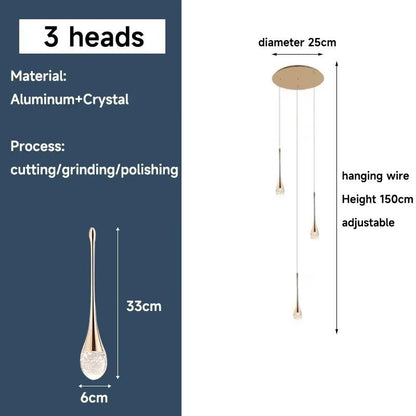 Modern long water drop chandelier with 3 LED crystal lights, adjustable hanging wire, gold aluminum design