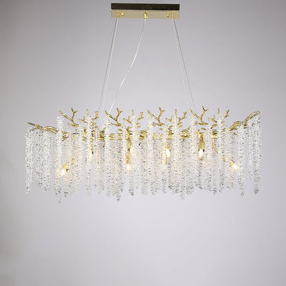 Vintage tree branch chandelier with crystal design and adjustable hanging wire.