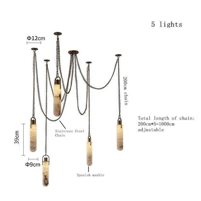 Modern Spanish marble chain chandelier with wrought iron frame and LED lights, adjustable stainless steel chains