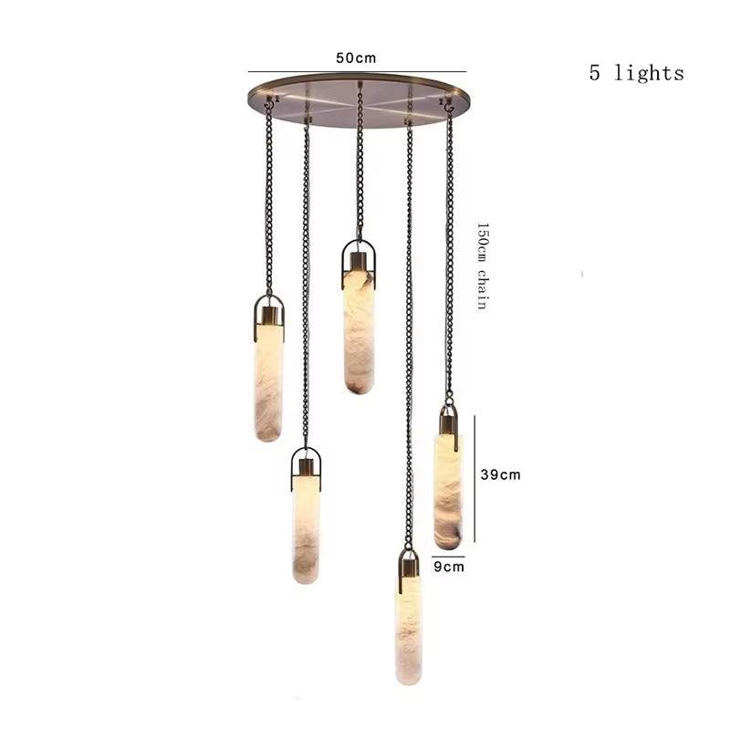 Modern Spanish marble chain chandelier with five LED pendant lights and wrought iron fixture