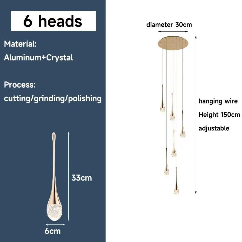 Modern long water drop chandelier with six LED lights, gold aluminum and crystal design, adjustable 150cm height
