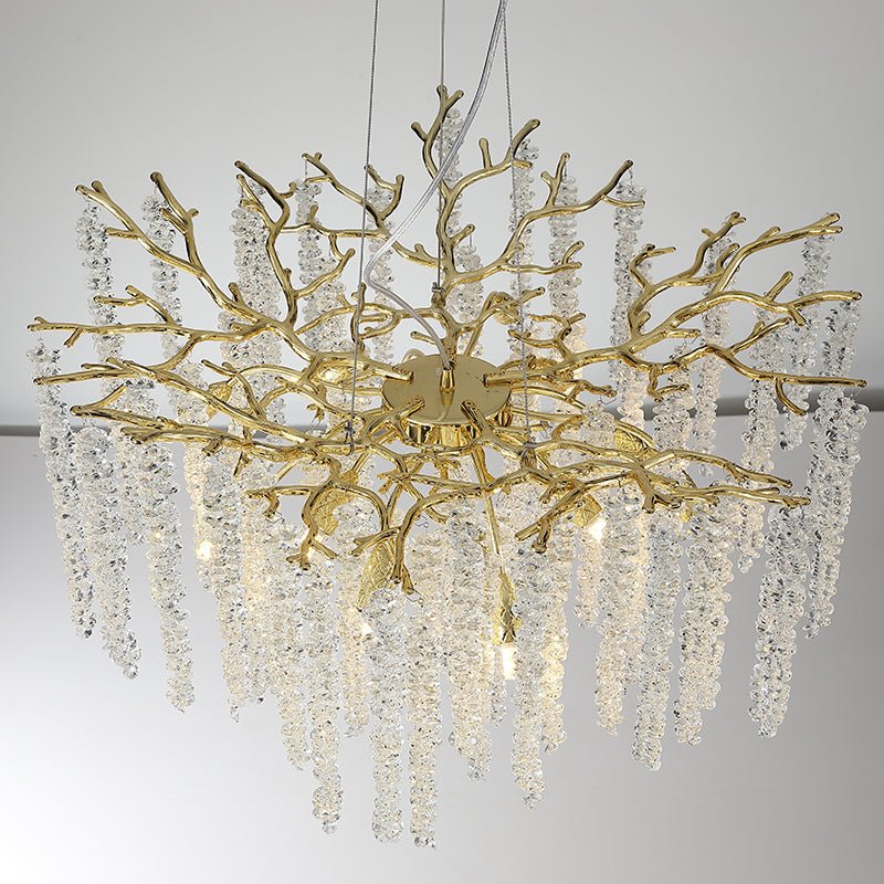 Vintage tree branch chandelier with K9 crystal drops and stainless steel branches.