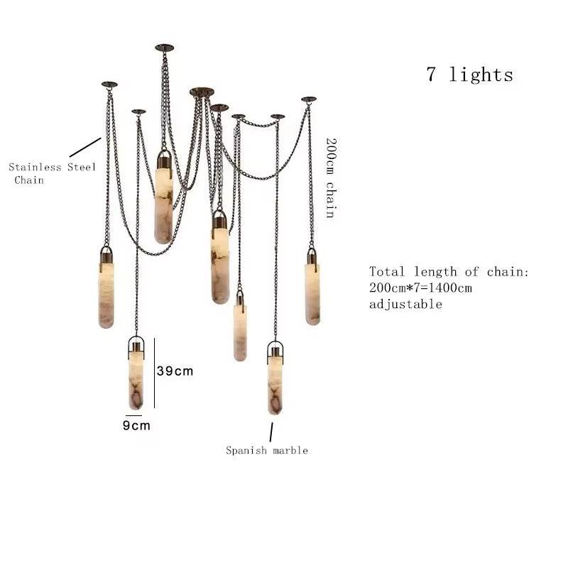 Modern Spanish marble chain chandelier with 7 LED pendant lights and wrought iron frame