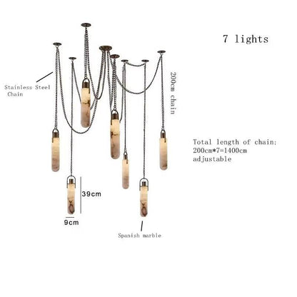 Modern Spanish marble chain chandelier with 7 LED pendant lights and wrought iron frame