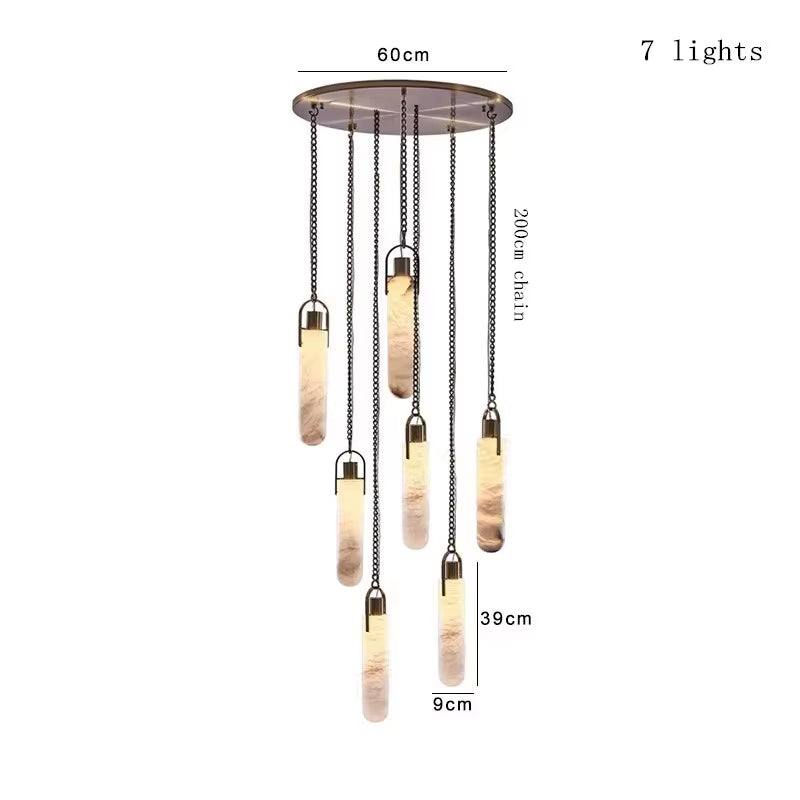 Modern Spanish marble chain chandelier with seven LED pendant lights and wrought iron fixture
