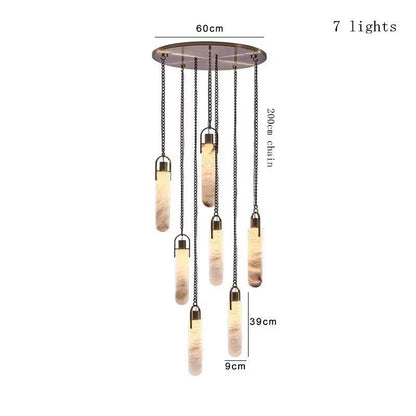 Modern Spanish marble chain chandelier with seven LED pendant lights and wrought iron fixture