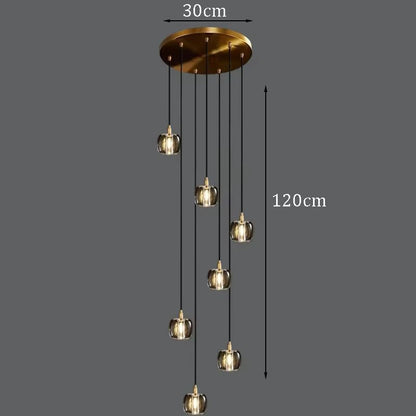 Bubble crystal lamp with 7 adjustable heads, 30cm diameter, 120cm height, ironware and crystal materials.