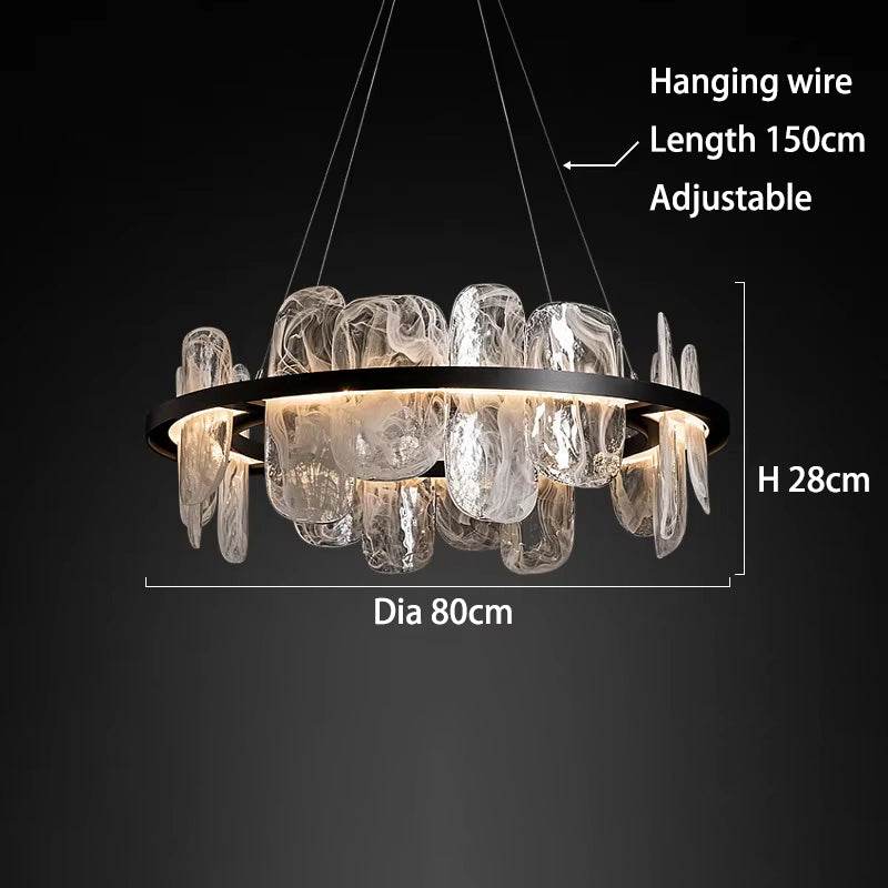 Modern simple black chandelier with adjustable hanging wire and LED light source, suitable for living rooms, bedrooms, and dining rooms.