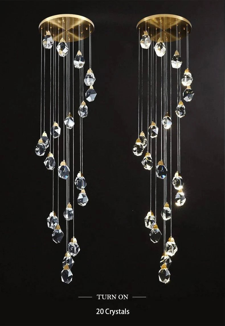 Crystal stone staircase chandelier with 20 hanging crystals on a modern gold base.