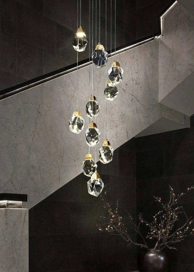 Modern Crystal Stone Staircase Chandelier in a sleek interior setting.