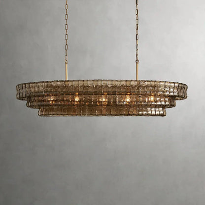 Ghiaccio Glass Oval Chandelier with metal and glass design, featuring adjustable hanging wire and multiple bulbs.