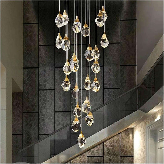 Modern Crystal Stone Staircase Chandelier with gold finish and dimmable LED lights.