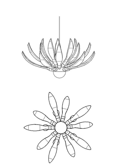 Modern Petal Chandelier with metal and glass petals and LED bulb lighting