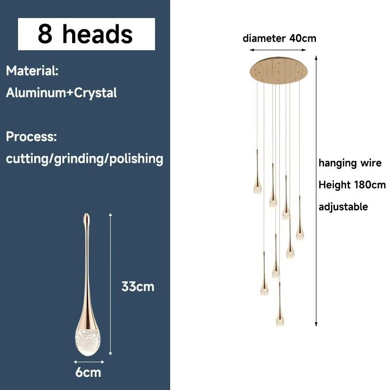 Modern long water drop chandelier with 8 crystal LED lights, gold stainless steel, adjustable hanging wire, 40cm diameter, 180cm height