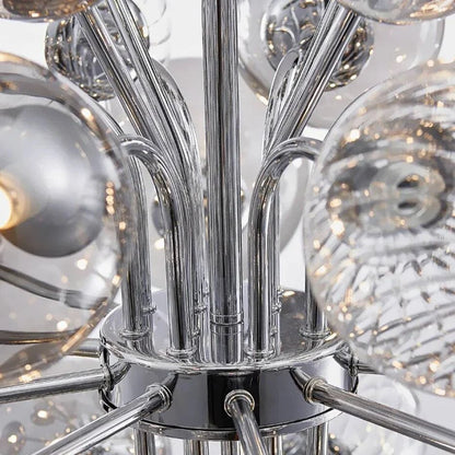 Modern glass bubble chandelier with chrome finish and LED bulbs.