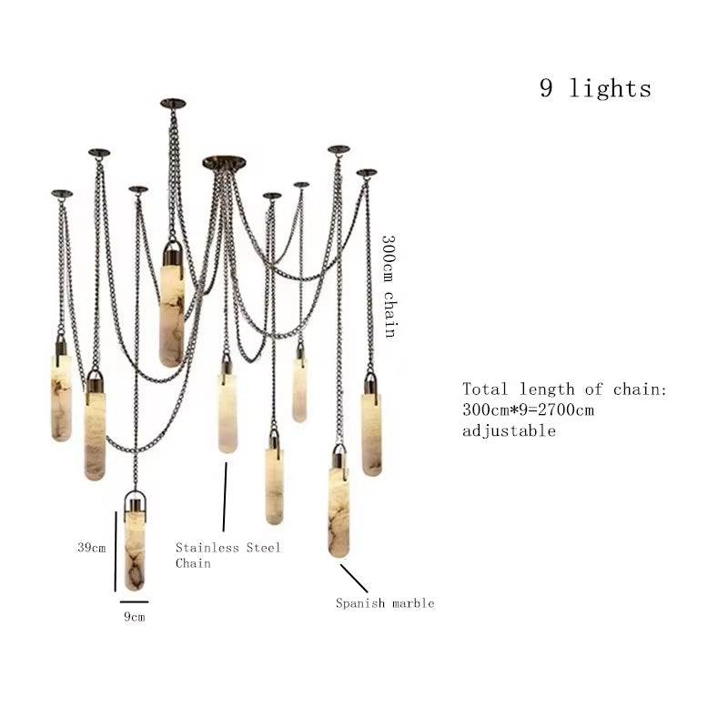 Modern Spanish marble chain chandelier pendant light with nine LED bulbs and wrought iron frame