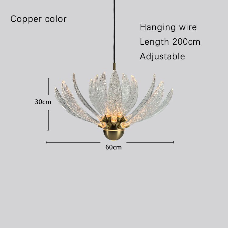 Modern petal chandelier with metal and glass petals, adjustable hanging wire, and LED bulbs in copper color