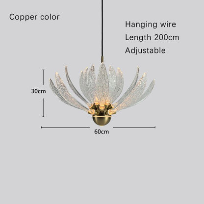 Modern petal chandelier with metal and glass petals, adjustable hanging wire, and LED bulbs in copper color