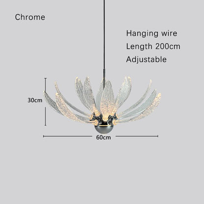 Modern Petal Chandelier with chrome metal and glass petals, adjustable 200cm hanging wire, LED light source with warm and cool color temperatures