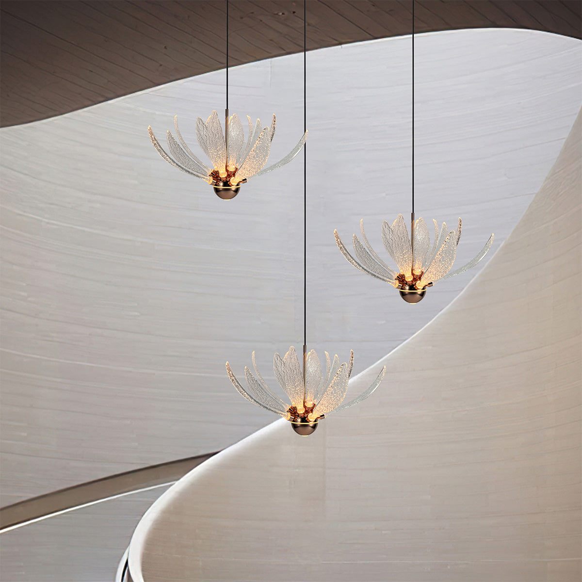 Modern Petal Chandelier with metal and glass, LED bulbs, warm and cool light, suitable for living room and bedroom