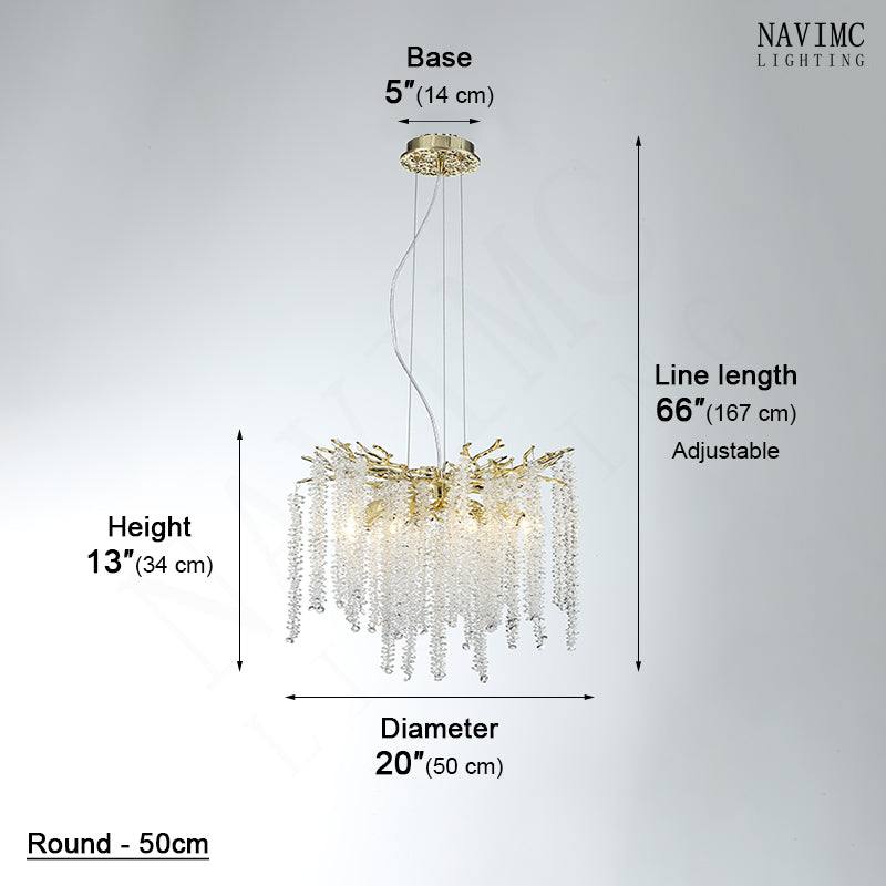 Vintage tree branch chandelier with crystal accents, adjustable hanging wire, measures 50cm diameter and 34cm height.