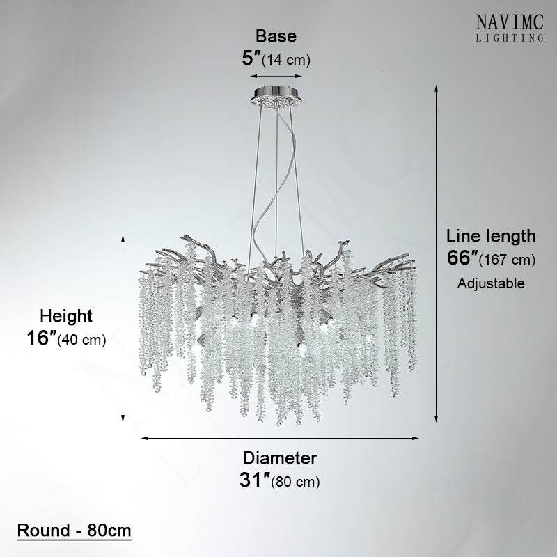 Vintage tree branch chandelier with adjustable hanging wire and crystal design, 80cm diameter, round shape.