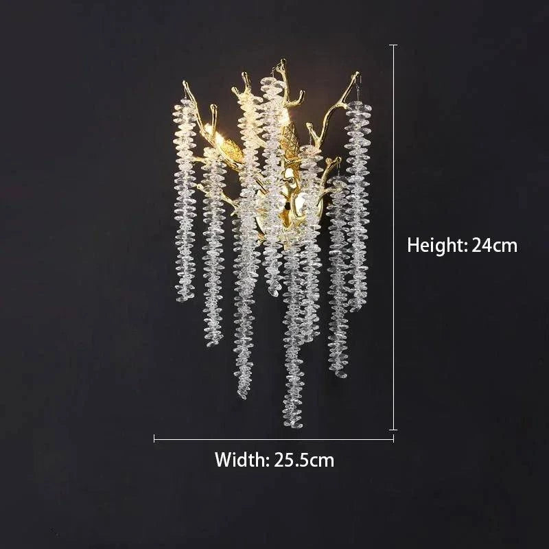 Celestial Collection Crystal Wall Sconce with gold and transparent crystal design, suitable for living room.