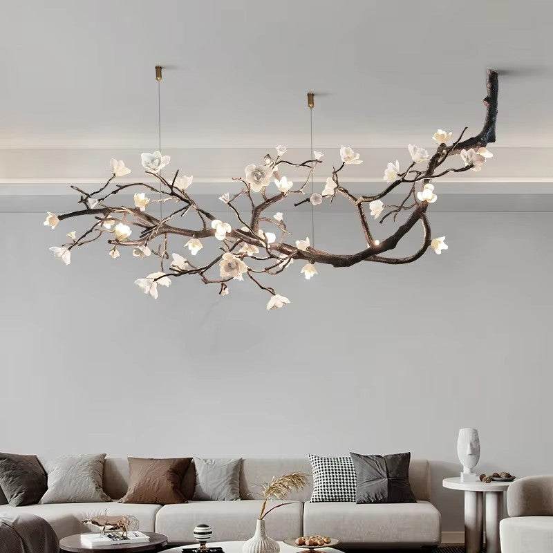 Modern Deluxe All Brass Ceramic Chandelier in living room setting.